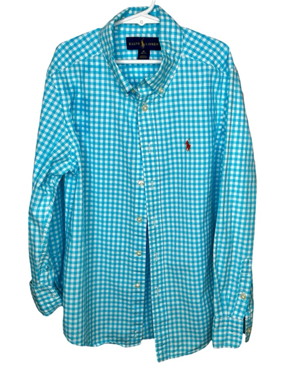 Ralph Lauren Turquoise and White Gingham Boys Button-Down Shirt Size M (10-12)